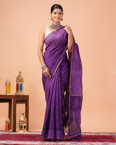 Chanderi Silk Bagru Print Saree with Zari Border ( CS2312 )