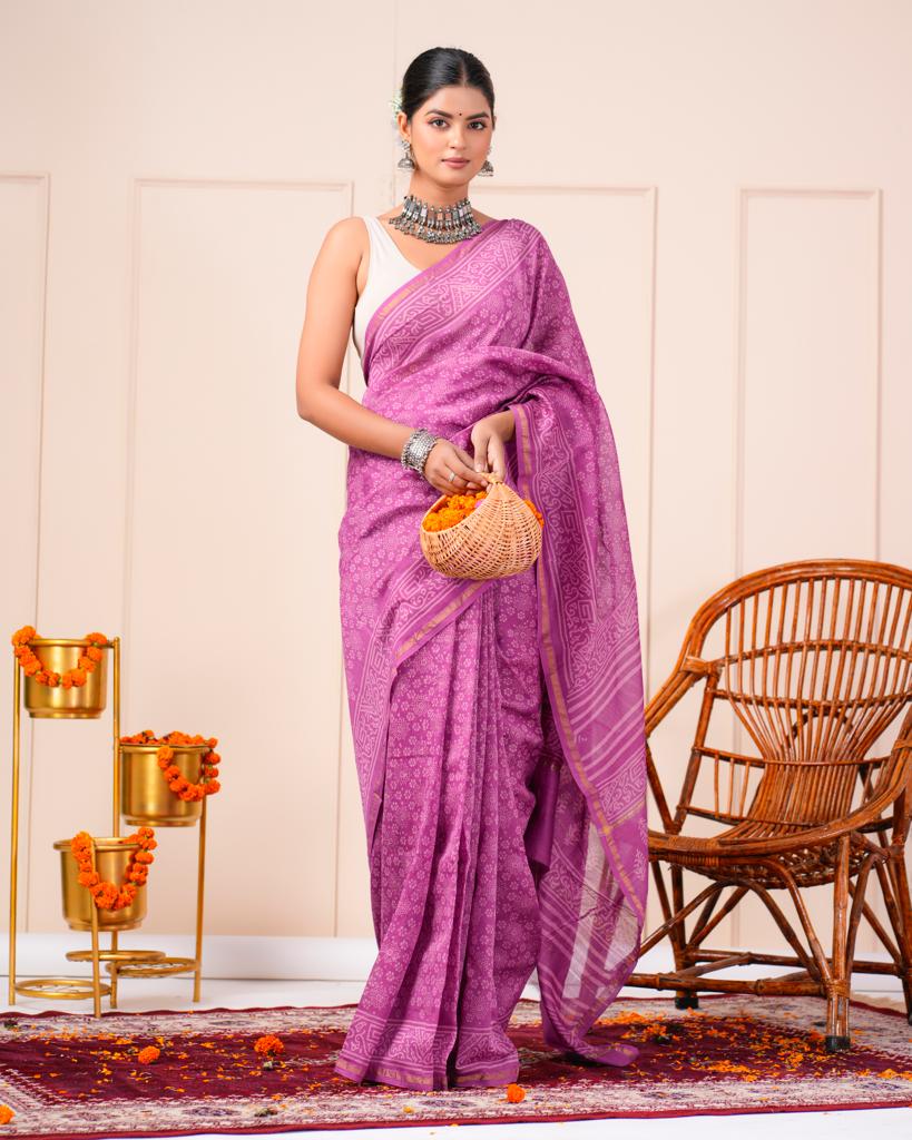 Chanderi Silk Bagru Print Saree with Zari Border ( CS2306 )