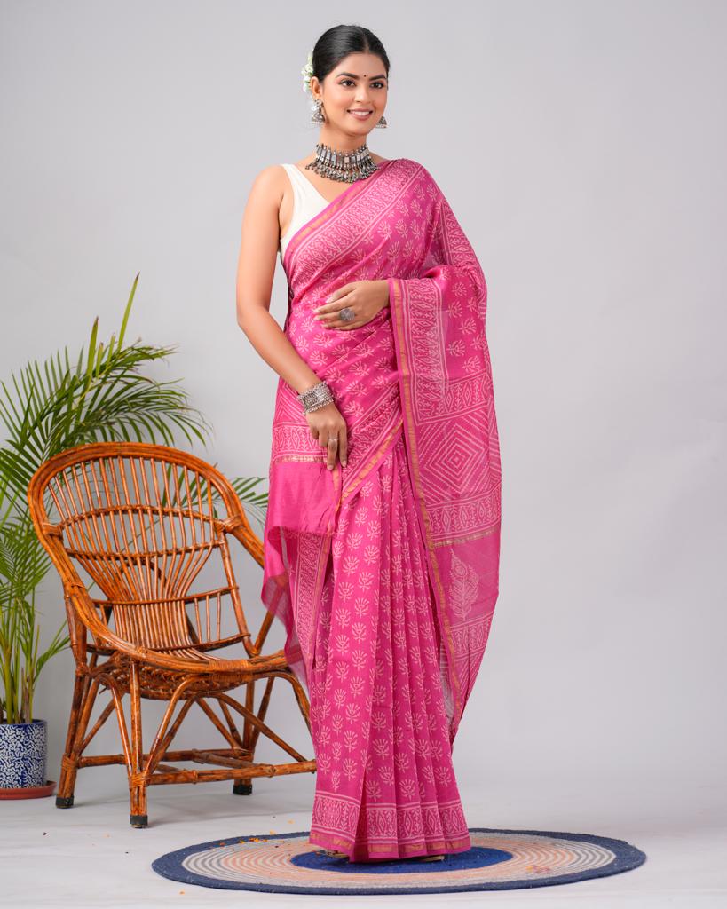 Chanderi Silk Bagru Print Saree with Zari Border ( CS2304 )