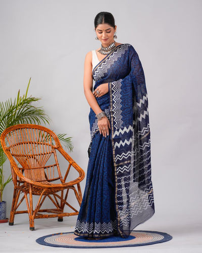 Chanderi Silk Bagru Print Saree with Zari Border ( CS2303 )