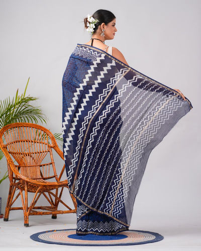 Chanderi Silk Bagru Print Saree with Zari Border ( CS2303 )