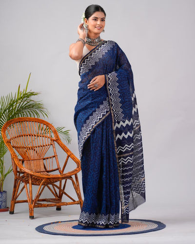 Chanderi Silk Bagru Print Saree with Zari Border ( CS2303 )