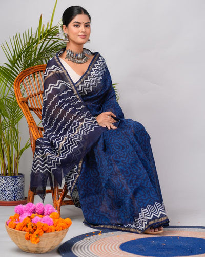 Chanderi Silk Bagru Print Saree with Zari Border ( CS2303 )