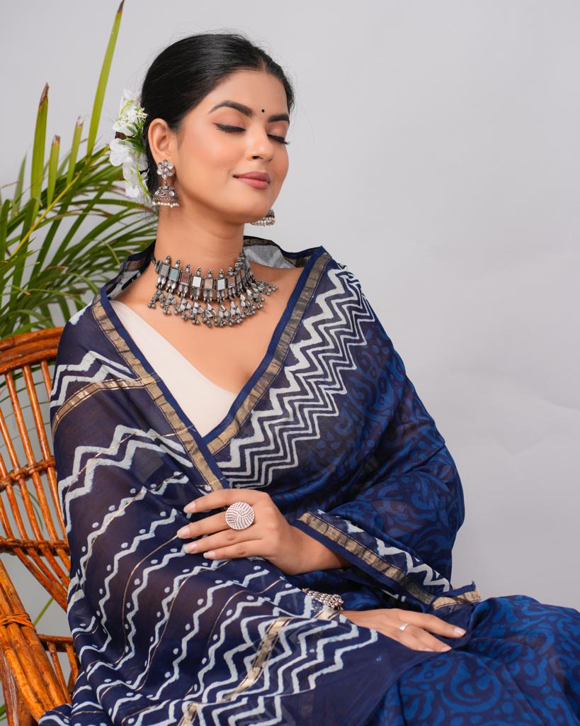 Chanderi Silk Bagru Print Saree with Zari Border ( CS2303 )