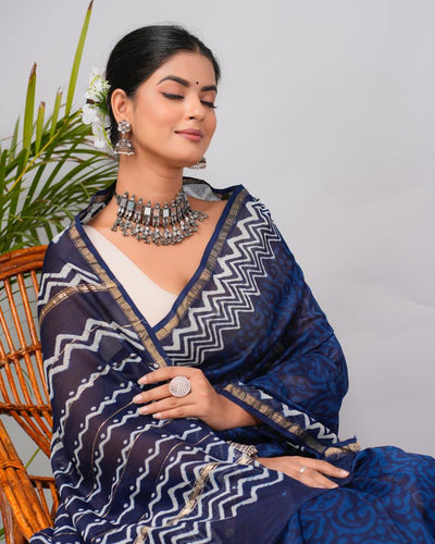Chanderi Silk Bagru Print Saree with Zari Border ( CS2303 )