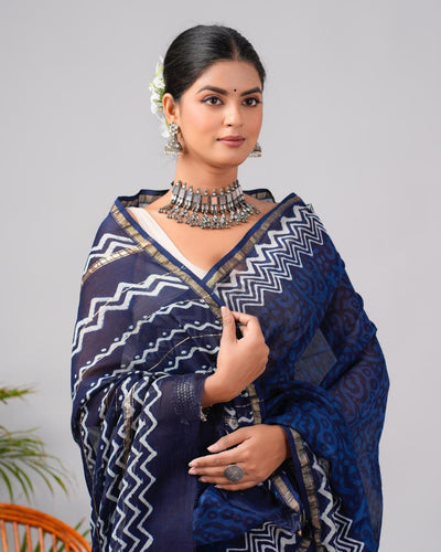 Chanderi Silk Bagru Print Saree with Zari Border ( CS2303 )