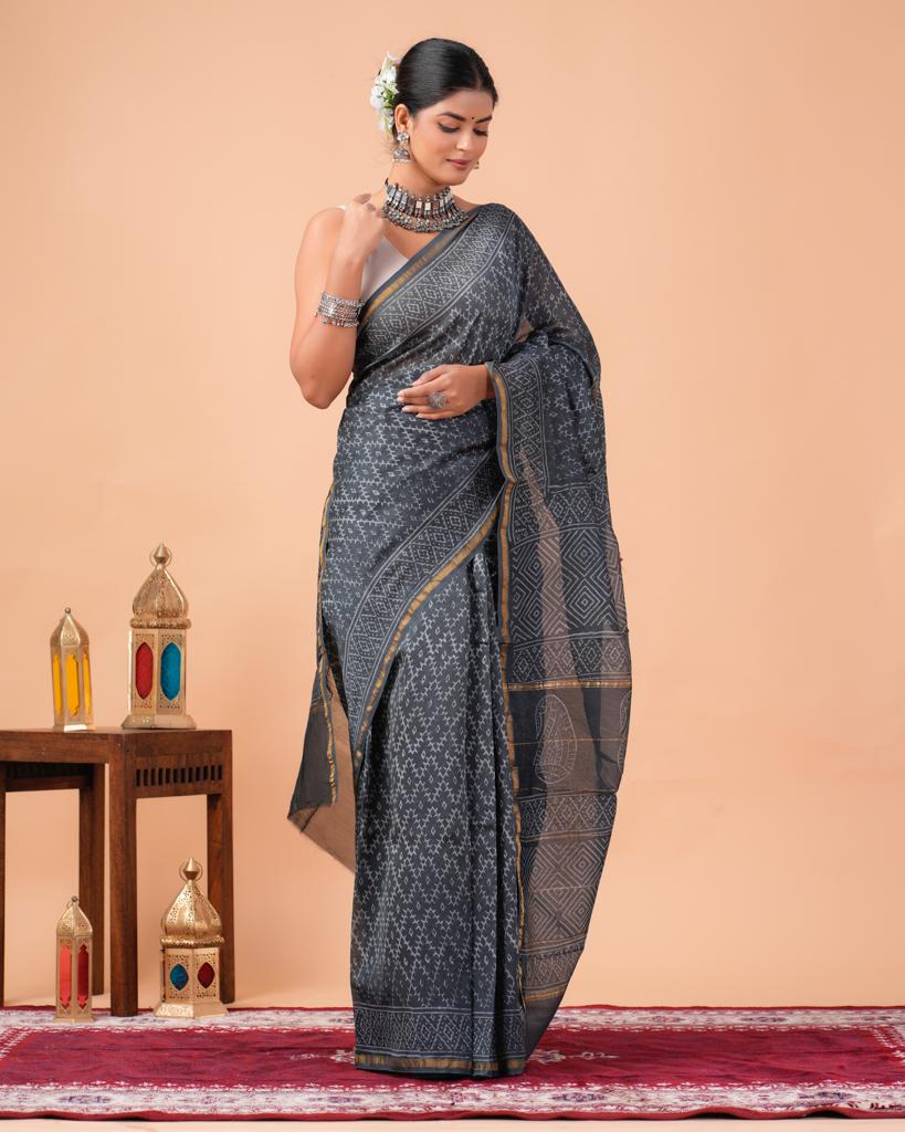 Chanderi Silk Bagru Print Saree with Zari Border ( CS2302 )