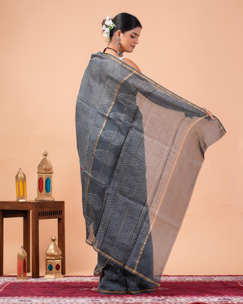 Chanderi Silk Bagru Print Saree with Zari Border ( CS2302 )