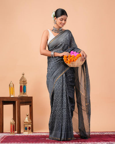 Chanderi Silk Bagru Print Saree with Zari Border ( CS2302 )