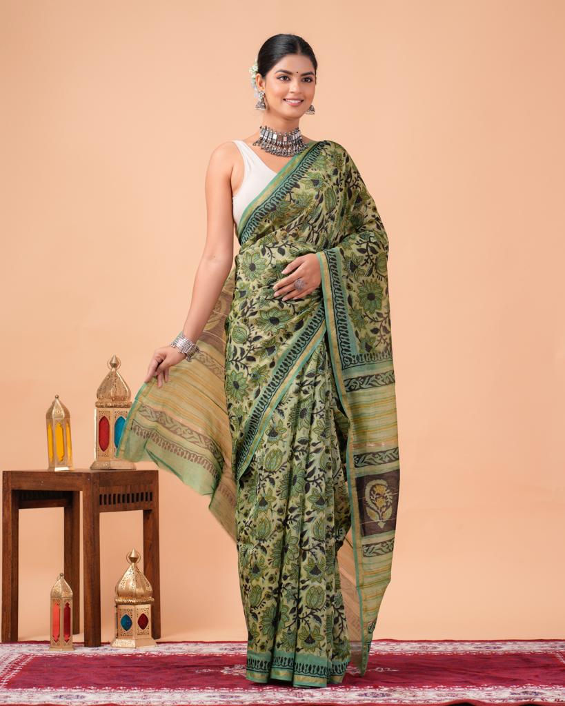 Chanderi Silk Bagru Print Saree with Zari Border ( CS2311 )