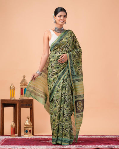 Chanderi Silk Bagru Print Saree with Zari Border ( CS2311 )
