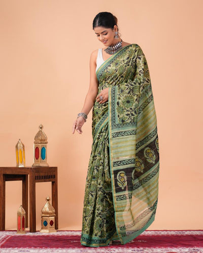 Chanderi Silk Bagru Print Saree with Zari Border ( CS2311 )