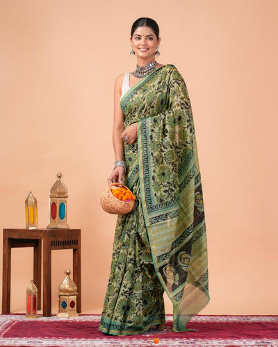 Chanderi Silk Bagru Print Saree with Zari Border ( CS2311 )