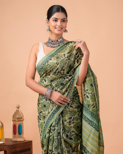 Chanderi Silk Bagru Print Saree with Zari Border ( CS2311 )