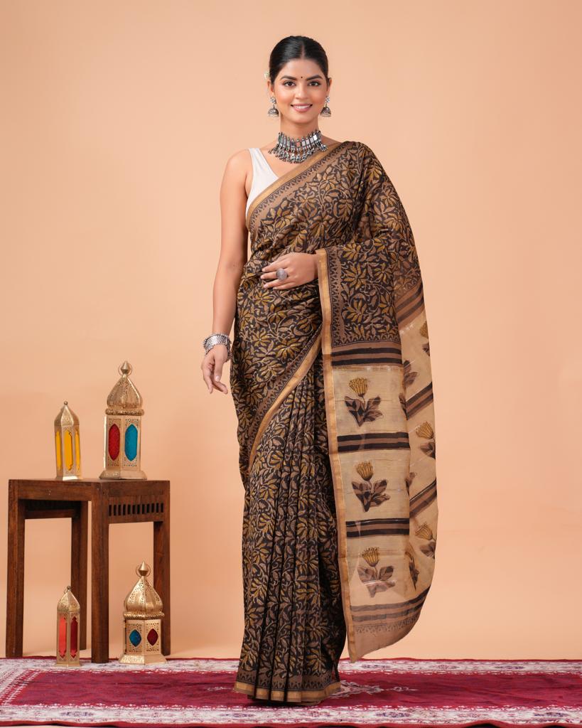 Chanderi Silk Bagru Print Saree with Zari Border ( CS2310 )