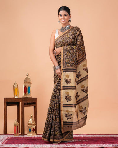 Chanderi Silk Bagru Print Saree with Zari Border ( CS2310 )