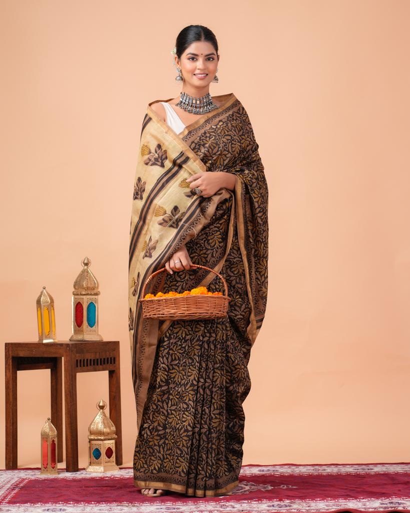 Chanderi Silk Bagru Print Saree with Zari Border ( CS2310 )