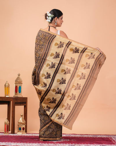 Chanderi Silk Bagru Print Saree with Zari Border ( CS2310 )