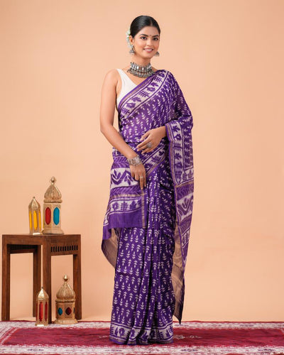 Chanderi Silk Bagru Print Saree with Zari Border ( CS2309 )