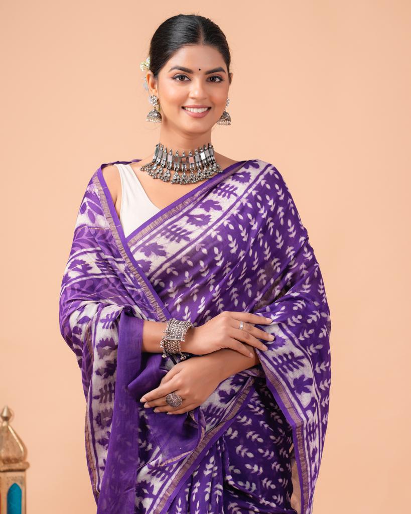 Chanderi Silk Bagru Print Saree with Zari Border ( CS2309 )