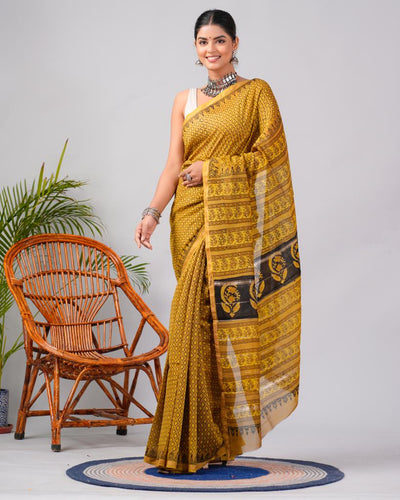 Chanderi Silk Bagru Print Saree with Zari Border ( CS2317 )