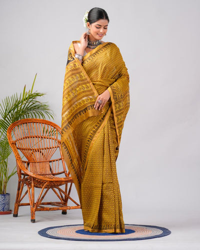 Chanderi Silk Bagru Print Saree with Zari Border ( CS2317 )