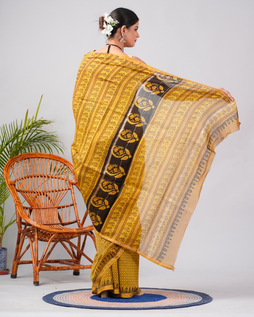 Chanderi Silk Bagru Print Saree with Zari Border ( CS2317 )