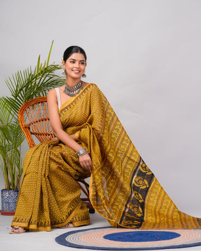 Chanderi Silk Bagru Print Saree with Zari Border ( CS2317 )