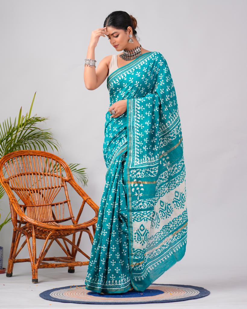 Chanderi Silk Bagru Print Saree with Zari Border ( CS2315 )