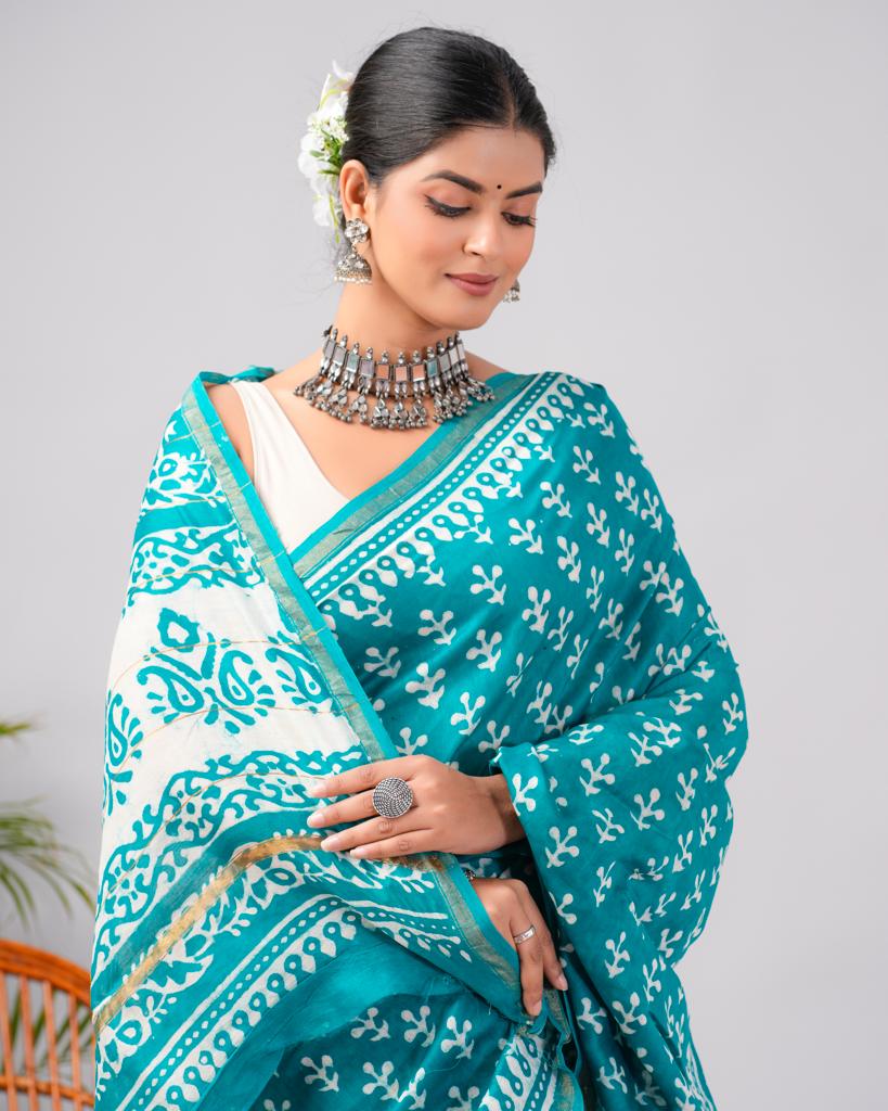 Chanderi Silk Bagru Print Saree with Zari Border ( CS2315 )