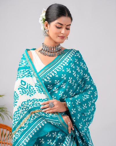 Chanderi Silk Bagru Print Saree with Zari Border ( CS2315 )