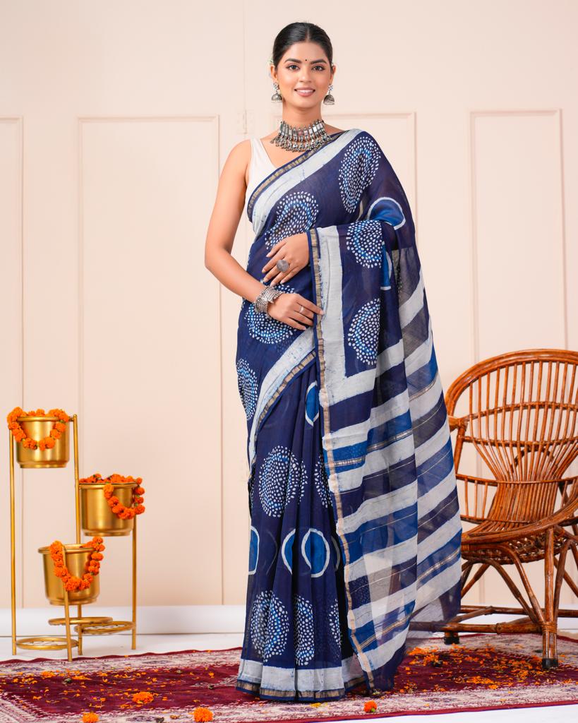 Chanderi Silk Bagru Print Saree with Zari Border ( CS2314 )