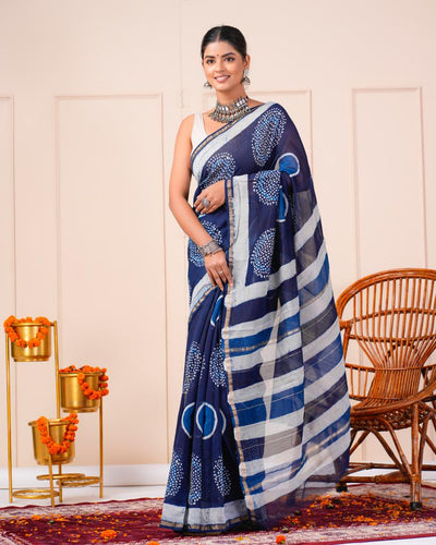 Chanderi Silk Bagru Print Saree with Zari Border ( CS2314 )