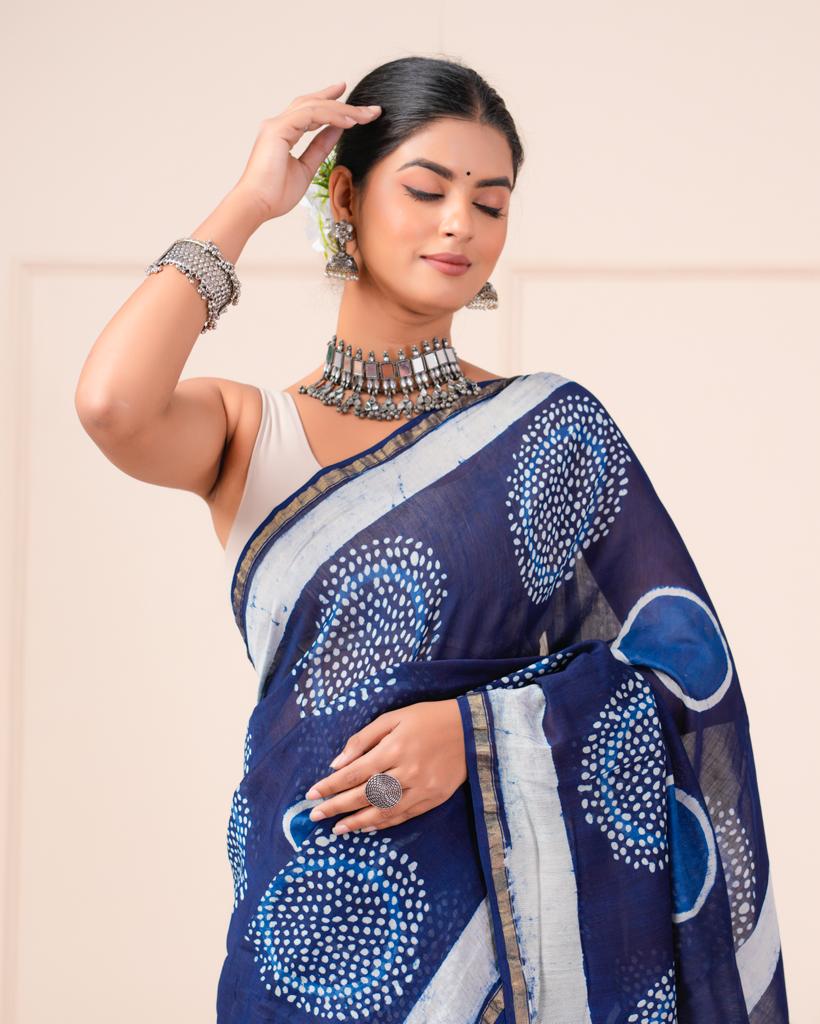 Chanderi Silk Bagru Print Saree with Zari Border ( CS2314 )