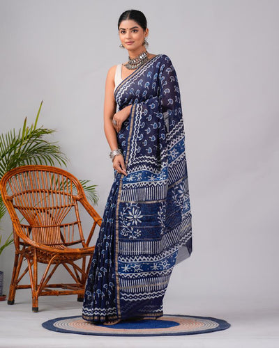 Indigo Chanderi Silk Bagru Print Saree with Zari Border ( CS2313 )