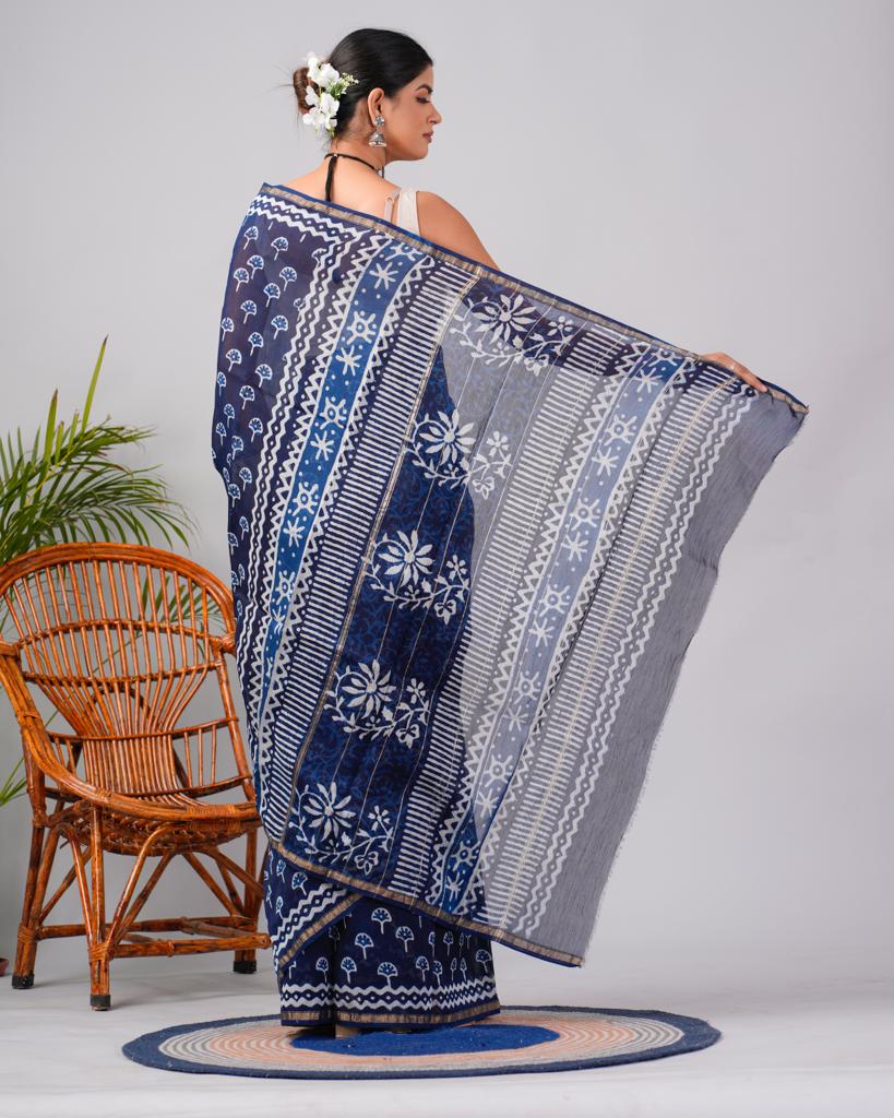 Indigo Chanderi Silk Bagru Print Saree with Zari Border ( CS2313 )