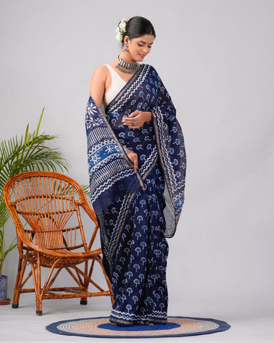 Indigo Chanderi Silk Bagru Print Saree with Zari Border ( CS2313 )