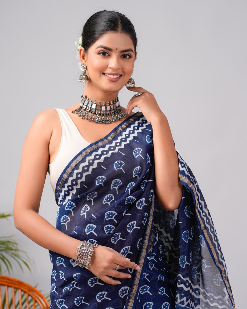 Indigo Chanderi Silk Bagru Print Saree with Zari Border ( CS2313 )