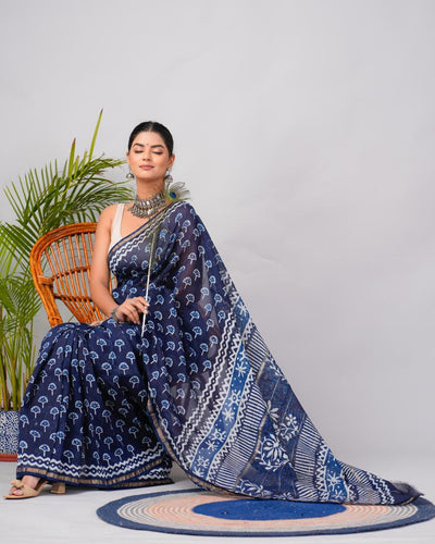 Indigo Chanderi Silk Bagru Print Saree with Zari Border ( CS2313 )