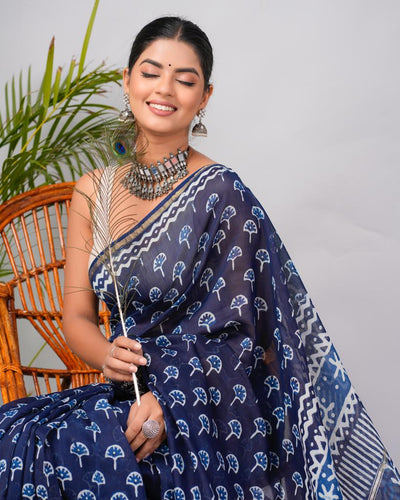 Indigo Chanderi Silk Bagru Print Saree with Zari Border ( CS2313 )