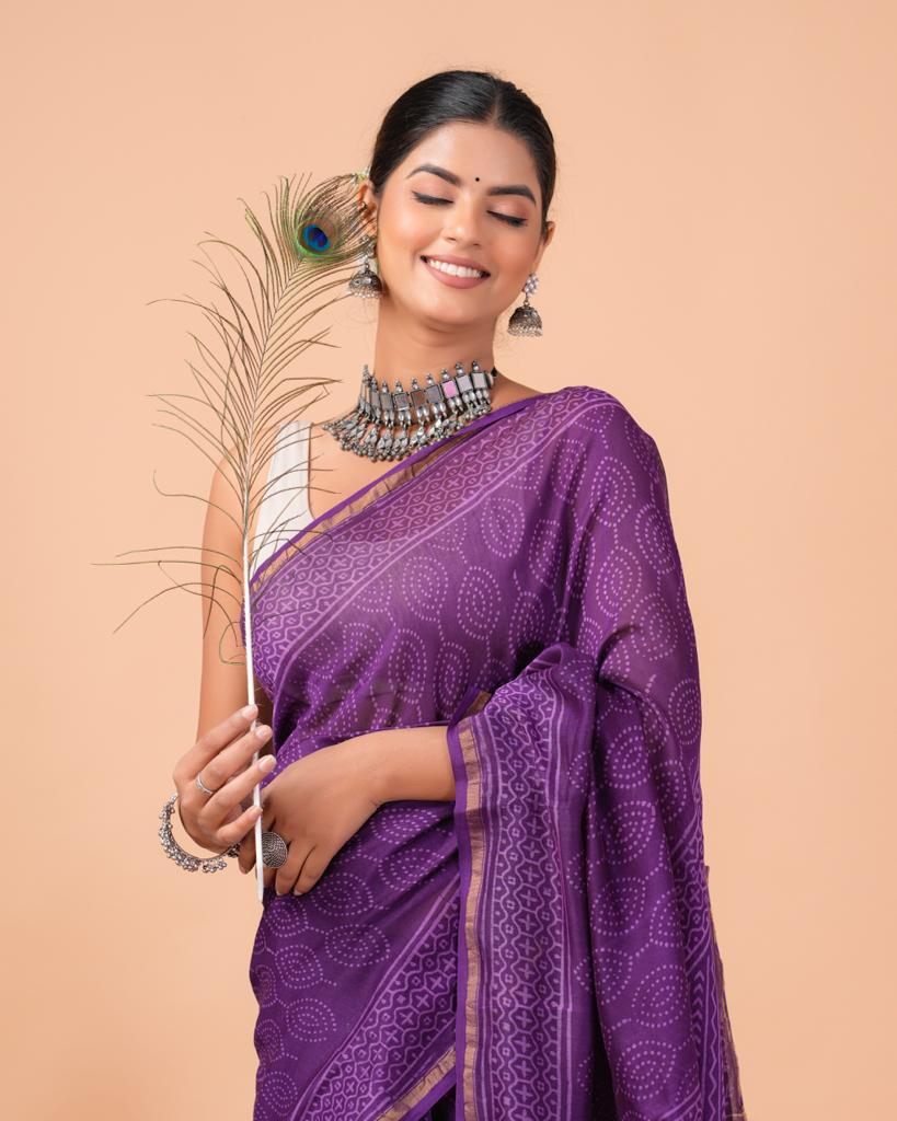 Chanderi Silk Bagru Print Saree with Zari Border ( CS2312 )