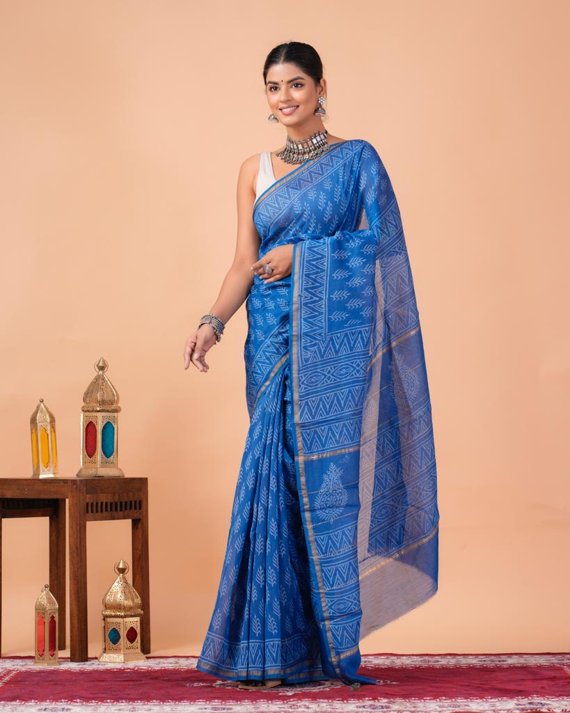 Chanderi Silk Bagru Print Saree with Zari Border ( CS2322 )