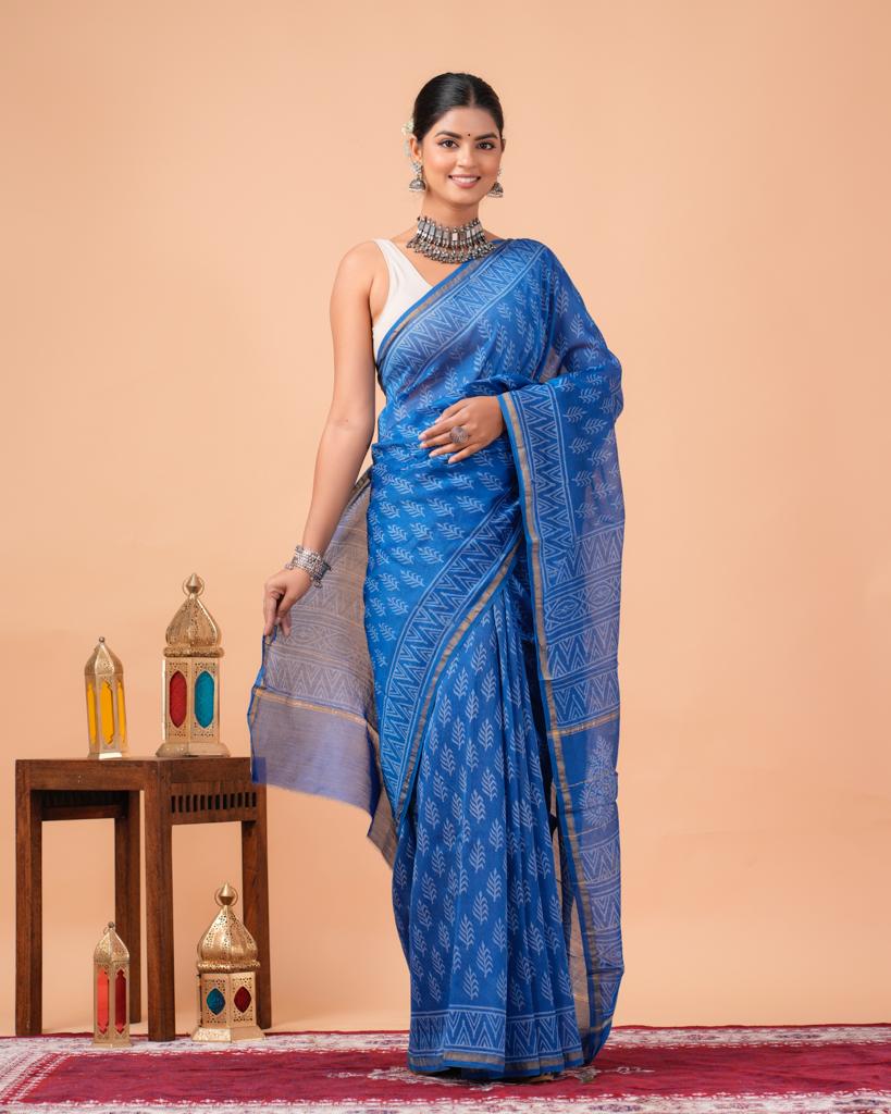 Chanderi Silk Bagru Print Saree with Zari Border ( CS2322 )