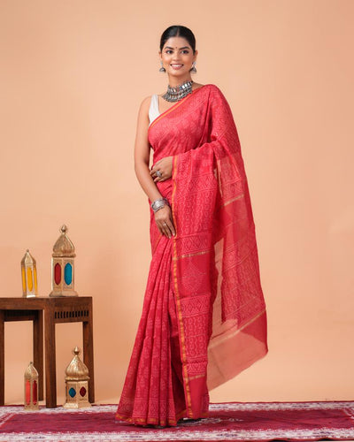 Chanderi Silk Bagru Print Saree with Zari Border ( CS2321 )