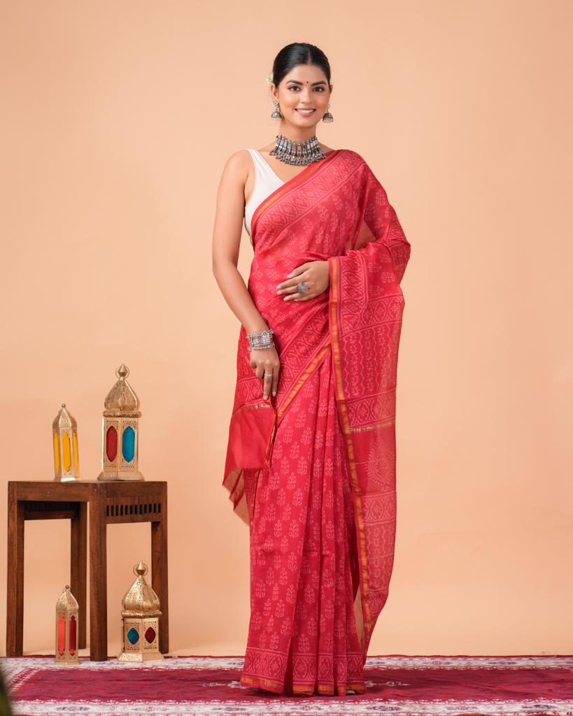 Chanderi Silk Bagru Print Saree with Zari Border ( CS2321 )