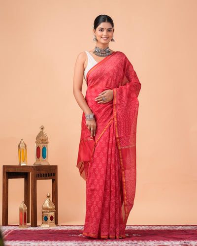 Chanderi Silk Bagru Print Saree with Zari Border ( CS2321 )