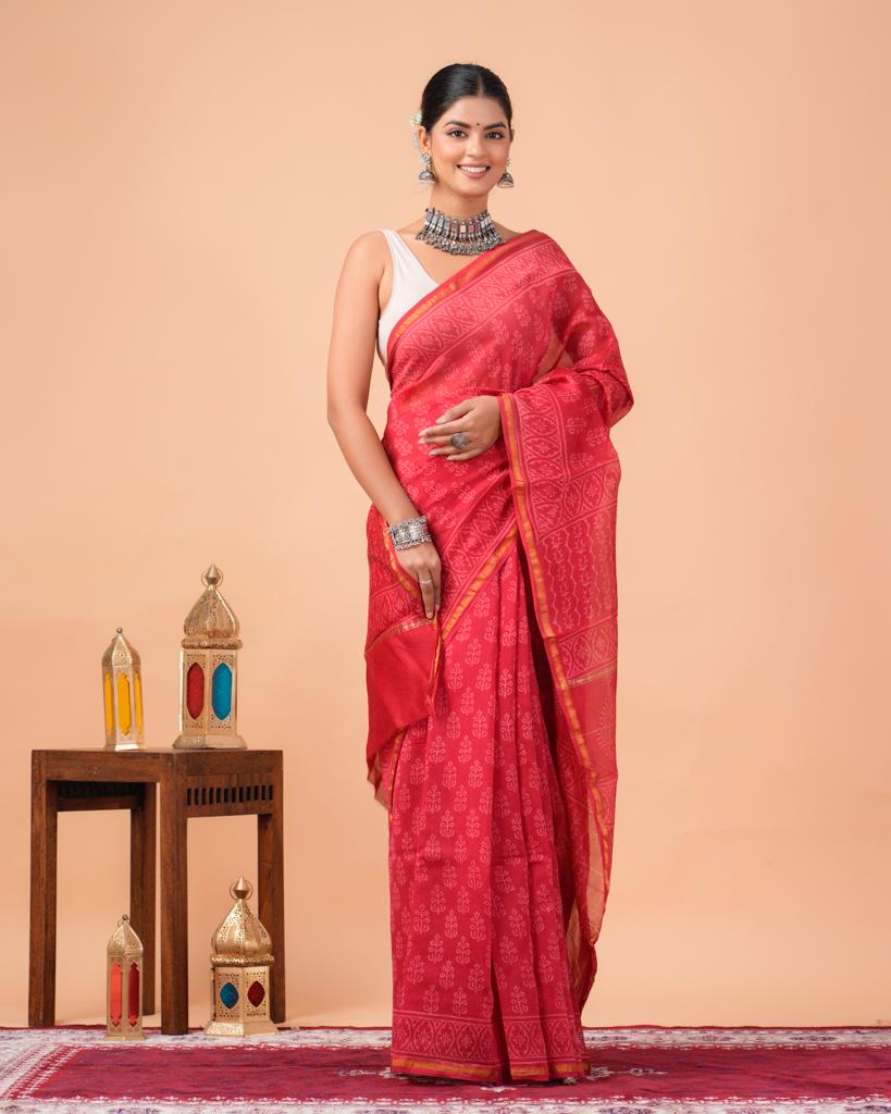 Chanderi Silk Bagru Print Saree with Zari Border ( CS2321 )