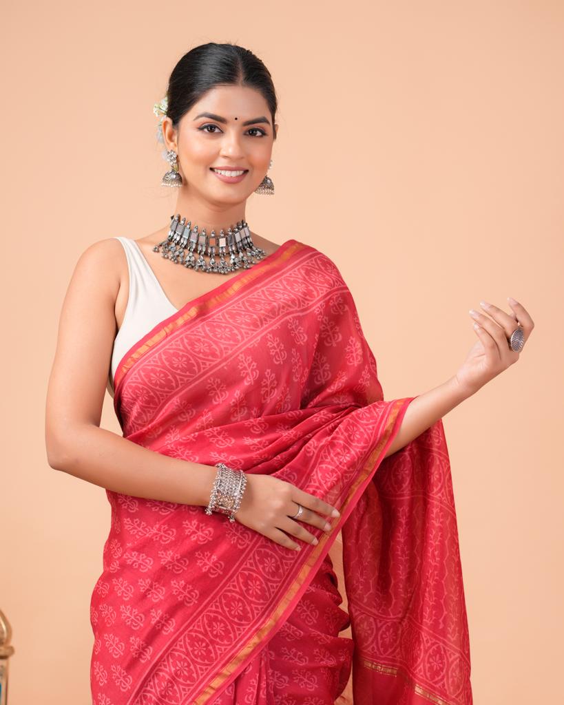 Chanderi Silk Bagru Print Saree with Zari Border ( CS2321 )
