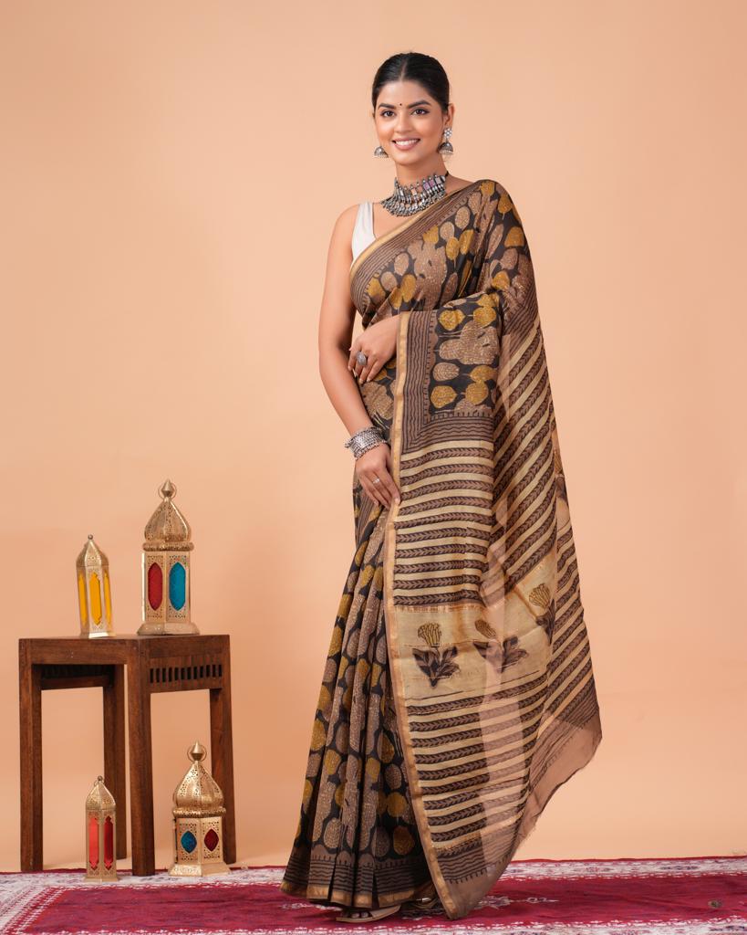 Chanderi Silk Bagru Print Saree with Zari Border ( CS2320 )