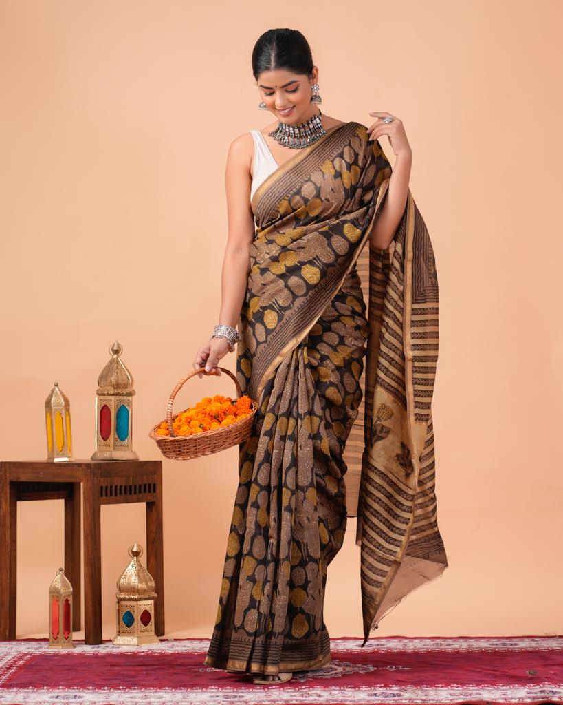 Chanderi Silk Bagru Print Saree with Zari Border ( CS2320 )